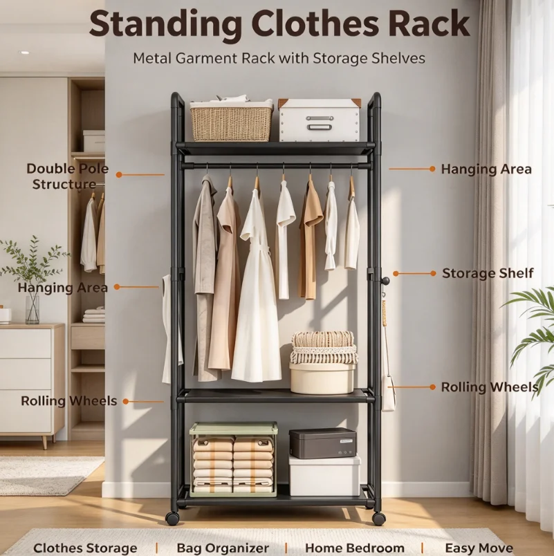 Multi-Tier Garment Rack with Hooks, Versatile Clothes Stand, Space Saving Storage Organizer Shelf for Living Room Home Use