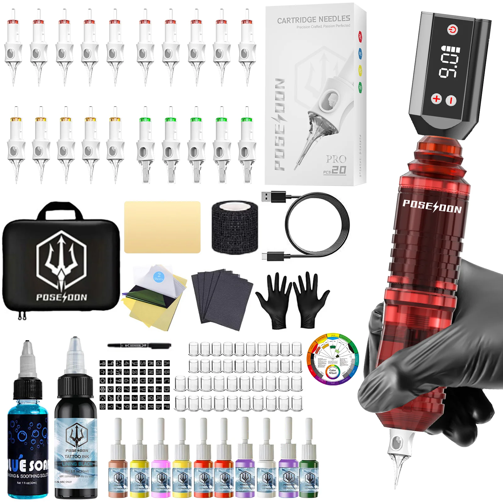 POSEIDON Tattoo Kit Red Tattoo Pen Kit For Permanent Makeup Tattoo Machine Kit New Wireless Tattoo Power Supply Tattoo Gun Kit