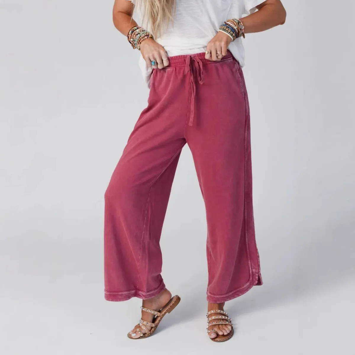 All Season Versatile Washed Distressed Trousers Women's Fashionable Casual Drawstring Pocket Wide Leg Trousers Women's Trousers