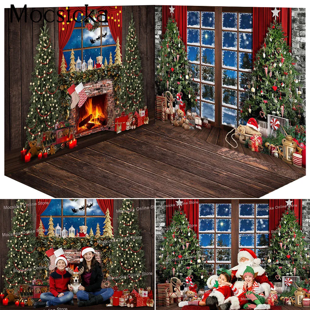 

Merry Christmas Party Background for 3d Room Decoration Xmas Trees Indoor Fireplace Backdrop Winter Frozen Window Birthday Shoot