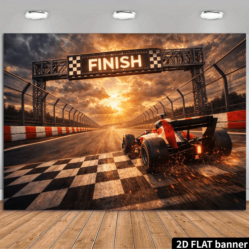 The background of the 2D 2D racing game's finish line features a sunset-themed track design, adorned with red sparkles DJH.