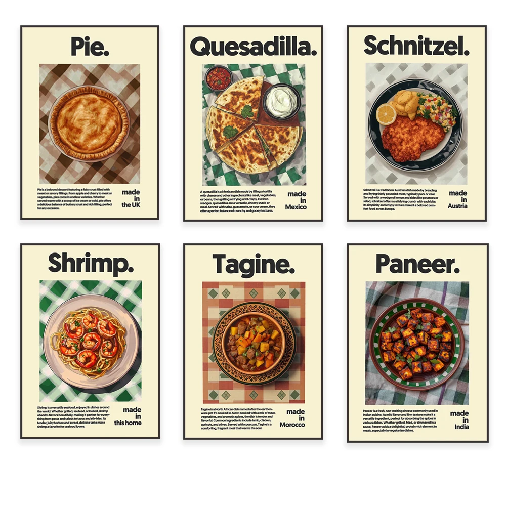 Spanish paella, spinach cheese, pie, pulled pork, xiaolongbao, tandoori, schnitzel, Korean barbecue pork, ramen, food poster