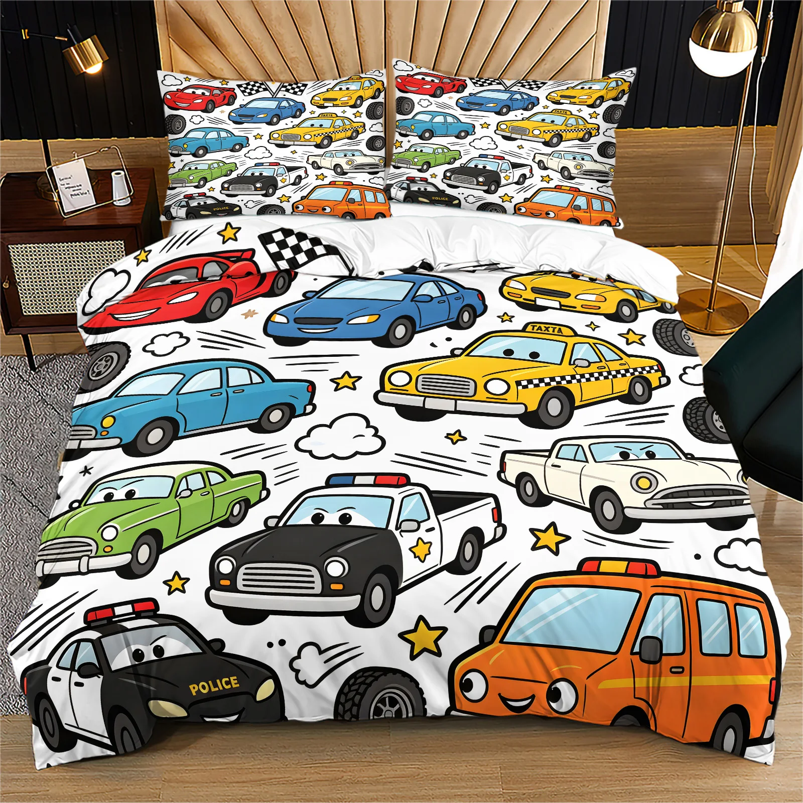 Cartoon Sports Car Print Duvet Cover Set Colorful Racing Police Taxi Vehicle Pattern Bedding Set with Pillowcases Bedroom Decor