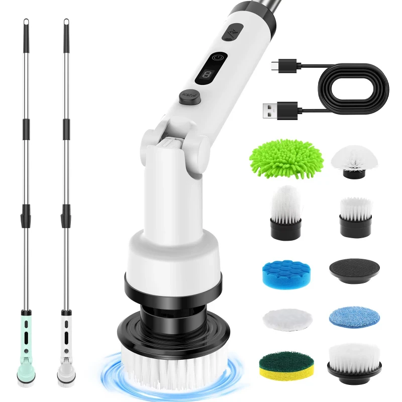 

Electric rotary scrubber cordless cleaning brush with replaceable brush head and adjustable