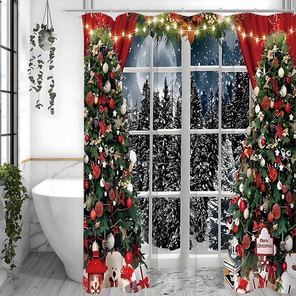 

Рождественская елка Снежинка Красочные огни Подарочная занавеска для душа, декоративная занавеска для душа для ванной комнаты, водонепроницаемая занавеска для душа Cu
