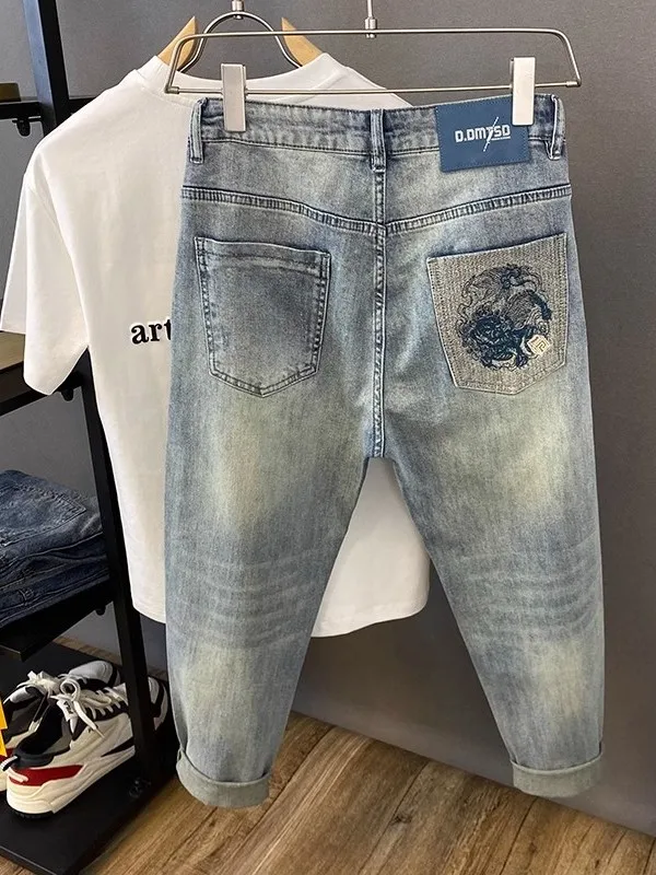 High Quality Men's Embroidered Slim Fit Jeans Summer New Style Lightweight Wear Resistant Long Pants Youth Fashion Casual Jeans