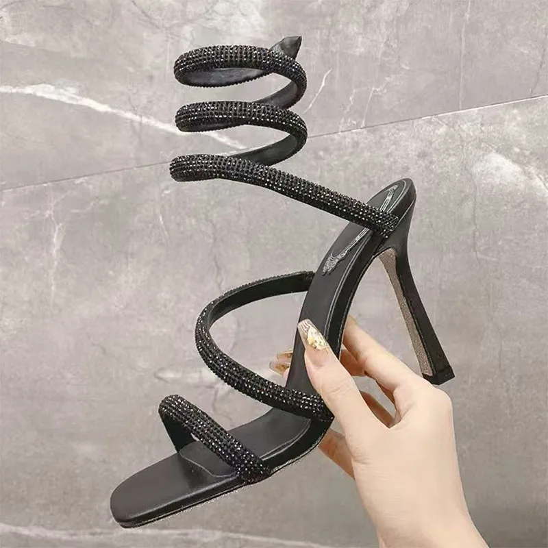 مثير المصارع خنجر الصنادل امرأة حجر الراين الكاحل حزام عالية الكعب أحذية امرأة ساحة تو ضيق الفرقة الصنادل الحديثة النساء #4