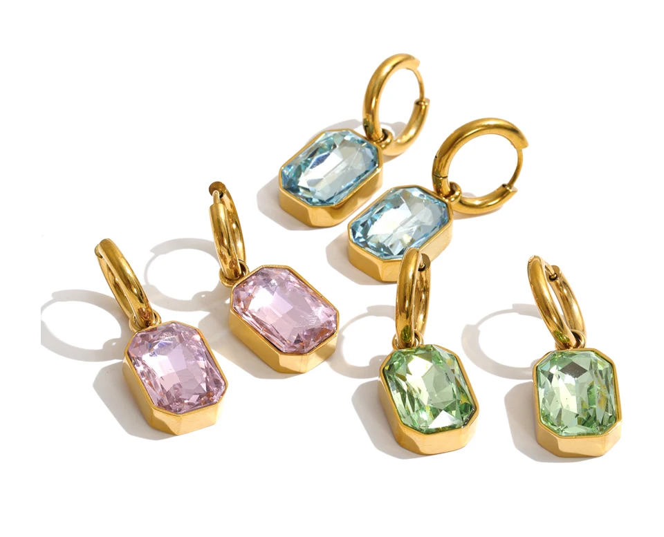 Yhpup Edelstahl-Creolen Grün Rosa Blau K9 Kristall Rechteckige Hängeohrringe Ästhetischer Goldener Damenschmuck – Detail 3