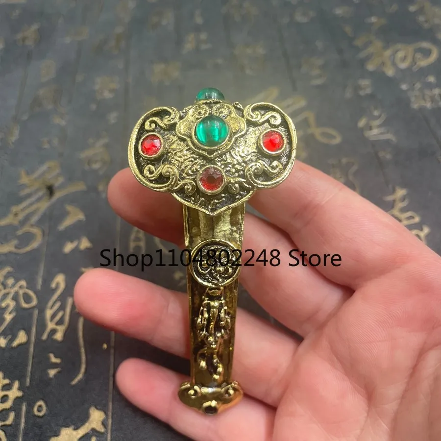 Old Chinese Bronze Tone Gem Inlaid Ruyi Statue Feng Shui Lucky Figurine