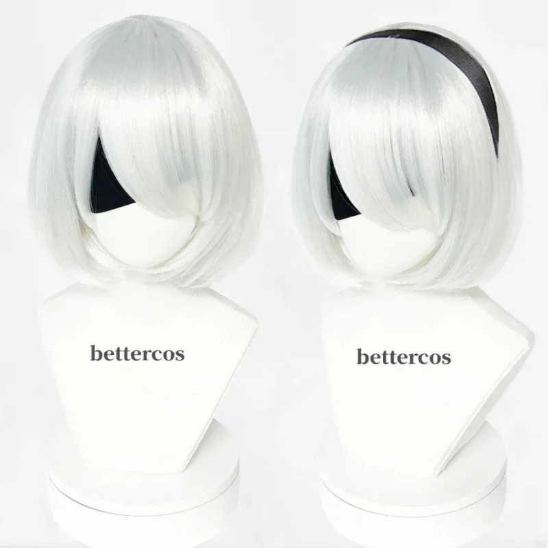 High Quality NieR:Automata YoRHa No. 2 Type B 2B YoRHa No.9 Type S 9S Cosplay Wig Short Silver White Hair Party Wigs  Wig Cap
