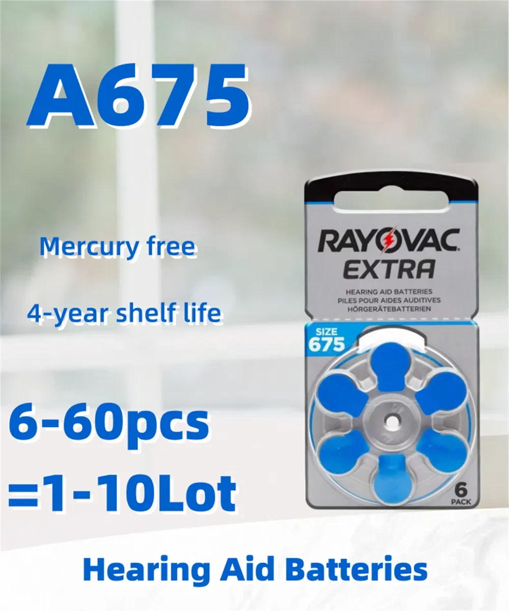 

6-60PCS Rayovac Extra Mercury Free Hearing Aid Batteries Size 675 675A A675 PR44 Battery For Sound Amplifier Accessories