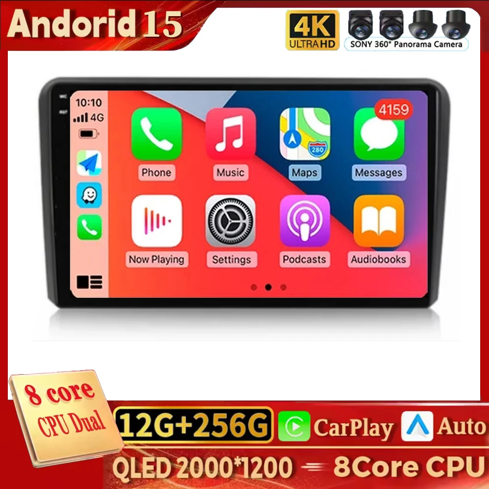 

Car Radio Android 15 Wireless Carplay Auto For Audi A3 8P 2003 - 2013 Navigation GPS Multimedia Player Stereo wifi+4G BT DVD DSP