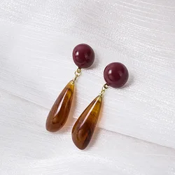 Vintage Style Amber Hanging Earrings Prevent Allergy Simple Water Drop Long Earring for Women Elegant Fashion Holiday Jewelry