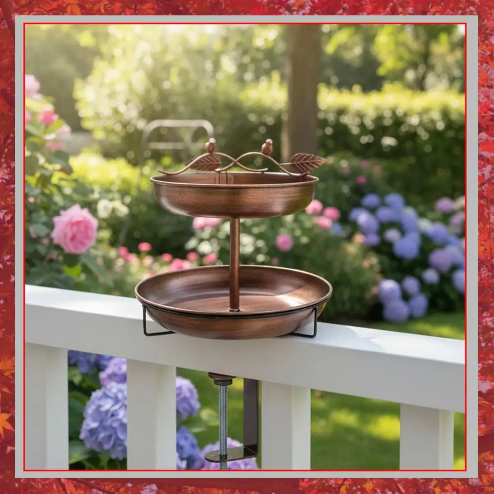 2-Tier Deck Mounted Birdbath Bowl Detachable Outdoor Bird Bath Metal Bird Feeder for Railing Balcony Yard Garden Decoration