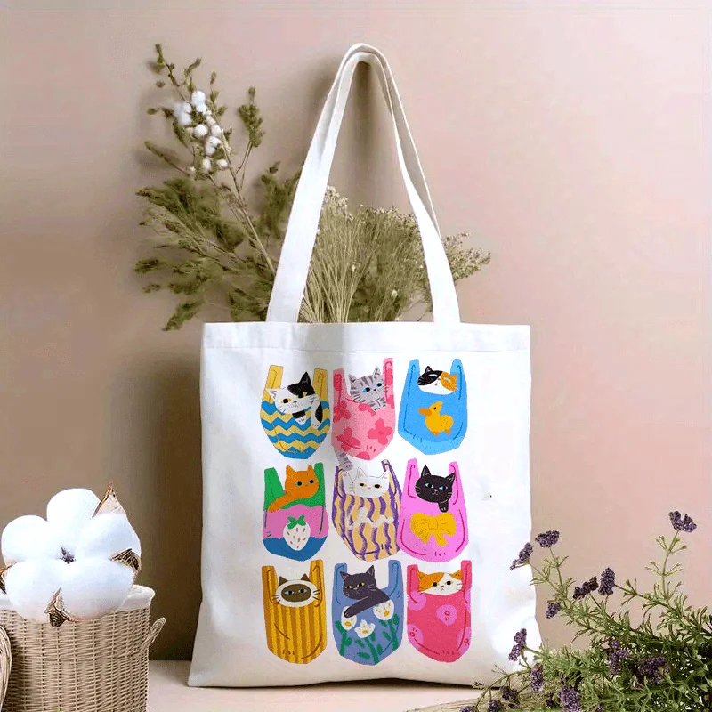 

1pc Shoulder Bags Handbag Cloth Cute Cartoon Cat Print Pattern Tote Bags Fashion Simple Handbag Shopping Bag Gift for Friends,