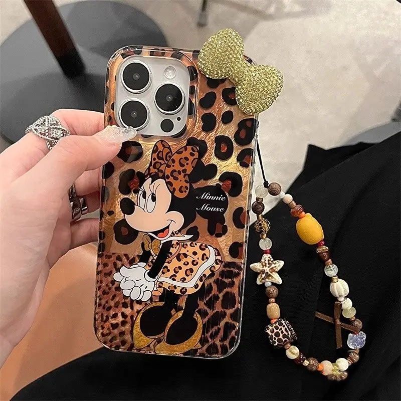 Disneys Mickeys Minnies Mouses Leopard Print Phone Case For iPhone 16 15 14 13 12 11Pro Max 78Plus XR XS MAX Y2K Cute Back Cover