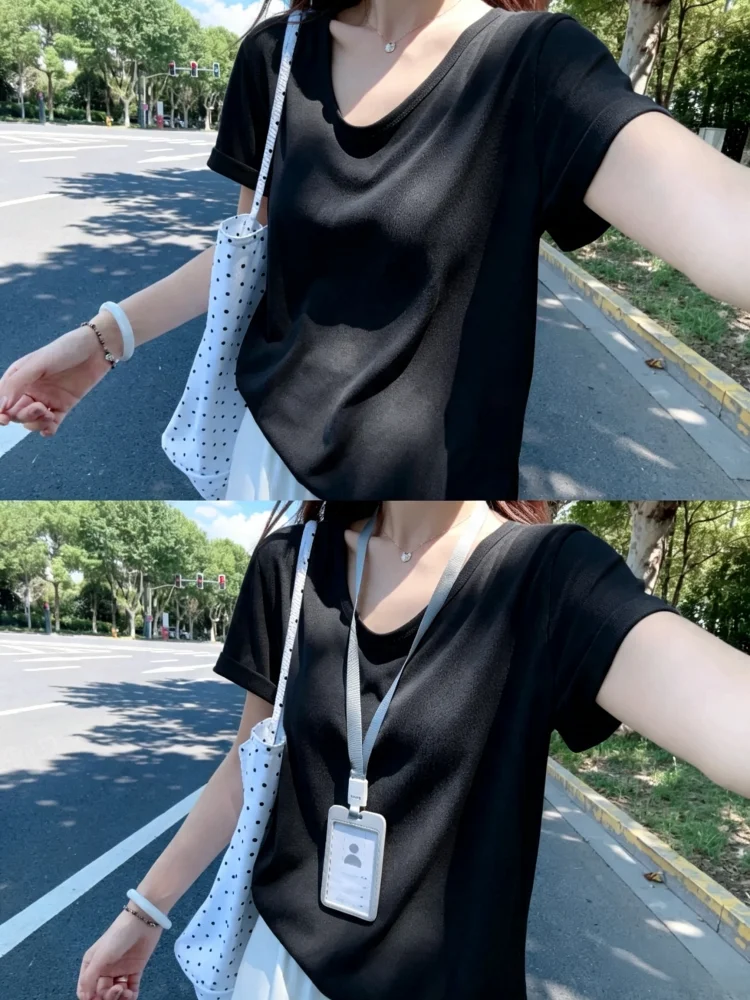 Ice Silk Snowflake Cotton Short Sleeve T-Shirt Women's Summer New Large Size Loose Slimming V-neck  Thin Top