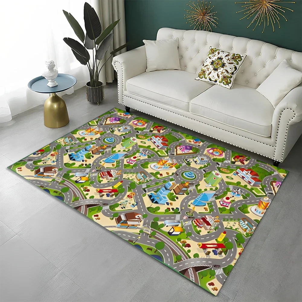 Highway City Child Playmat Traffic Playroom Carpet Rug for Home Living Room Bedroom Doormat Decor, Area Rug Non-slip Floor Mat