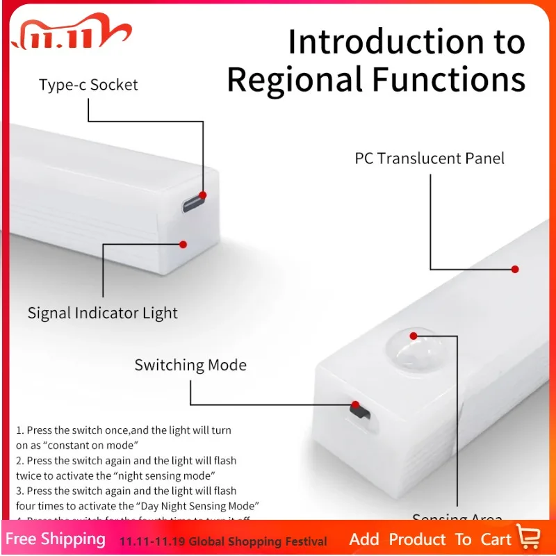 أضواء شريط LED قابلة لإعادة الشحن عبر USB مع مستشعر حركة وإضاءة ليلية محمولة لخزانة الملابس والممر وإضاءة الدرج