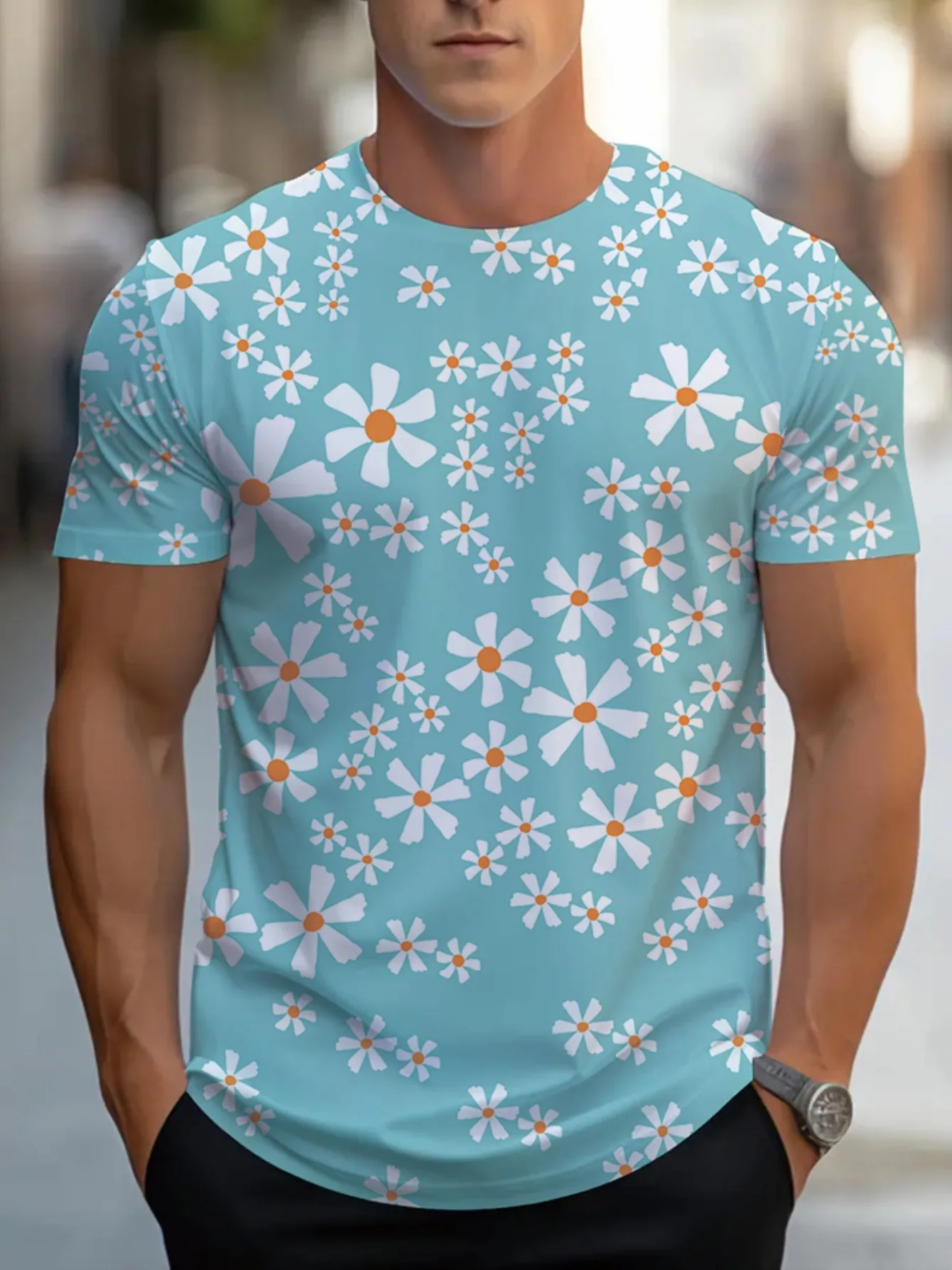 Men's Light Blue Daisy Floral Full Print T-Shirt Summer Fresh Flower Casual Crew Neck Tee
