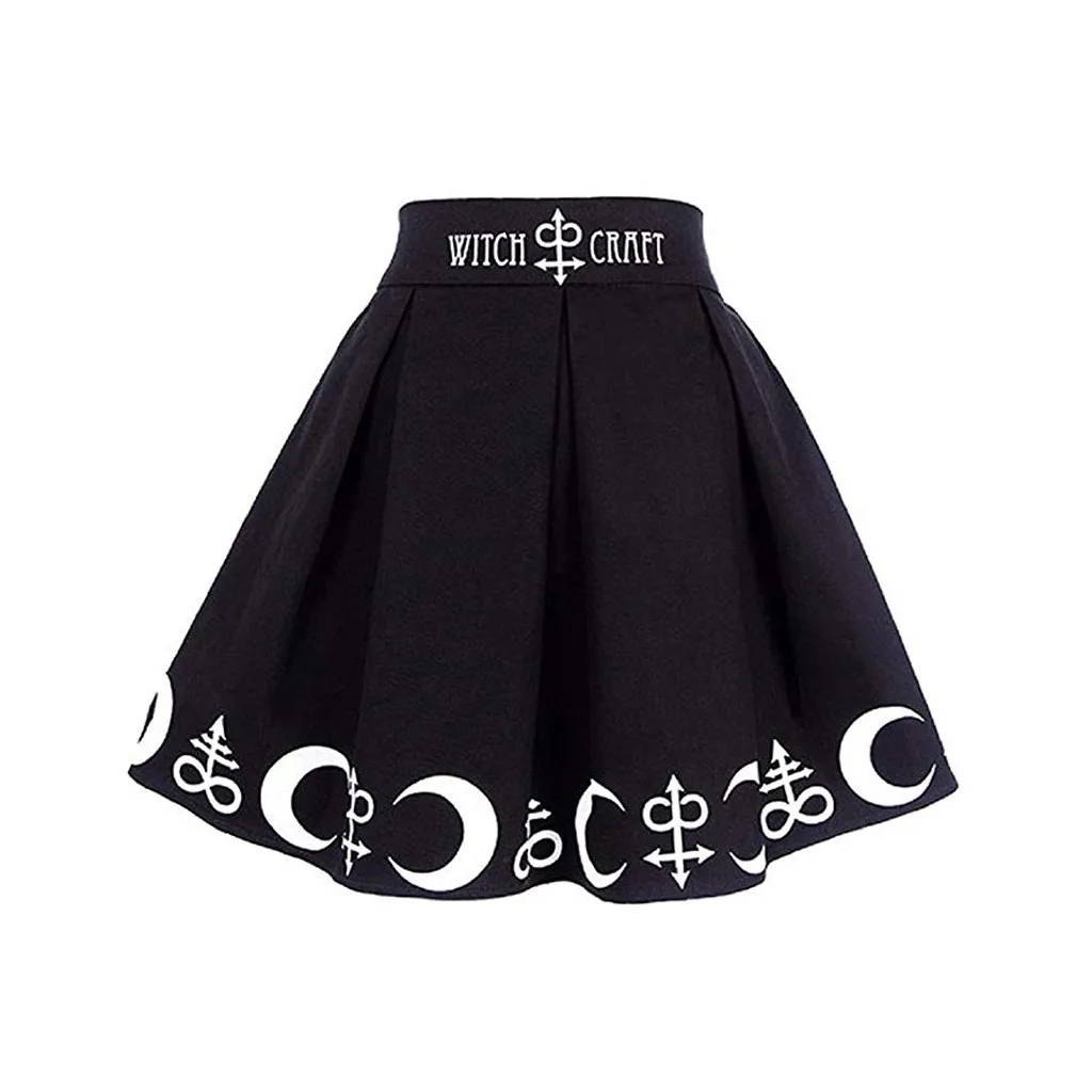 Preto gótico saia feminina plissado estilo punk mini saia lua impressa streetwear vintage saia feminina lolita harajuku saias femininas