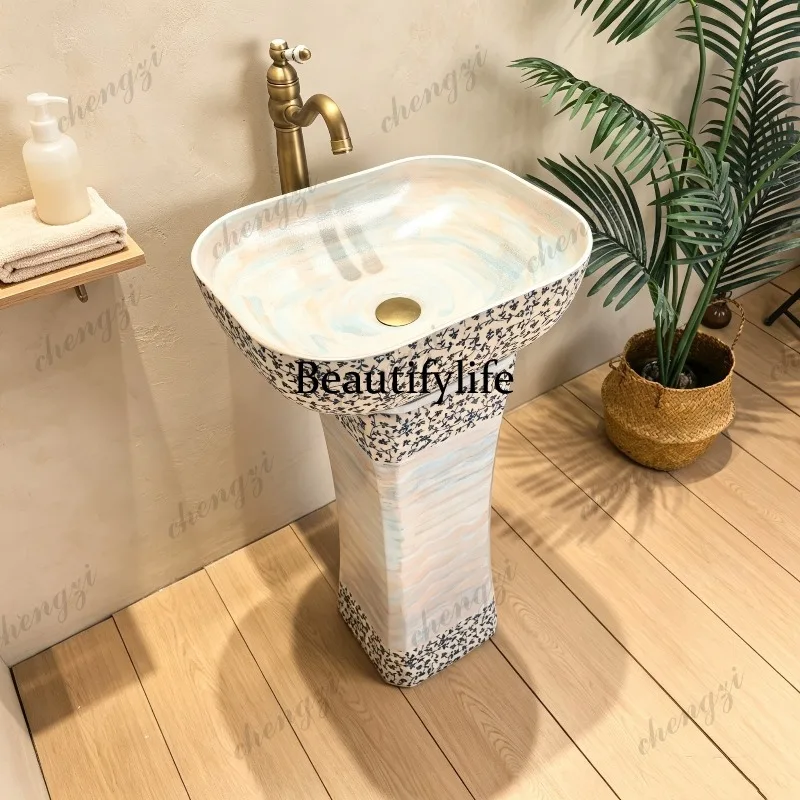 Blue and white vertical hand washing, modern washbasin pillar outdoor washbasin courtyard sink basin