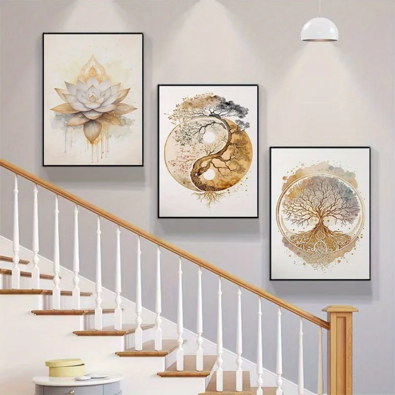 3pcs Wall Art Posters Featuring Bohemian Golden Lotus and Tree of Life Designs, Perfect for Home Decor. Unframed Canvas Prints