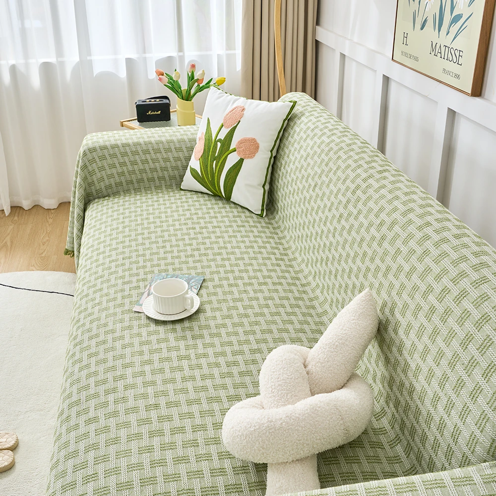 1PC Cotton Blend Bohemian Green Checkered Sofa Cover with Tassels -Home Decor for Living Room, DurableFabric Couch Protector
