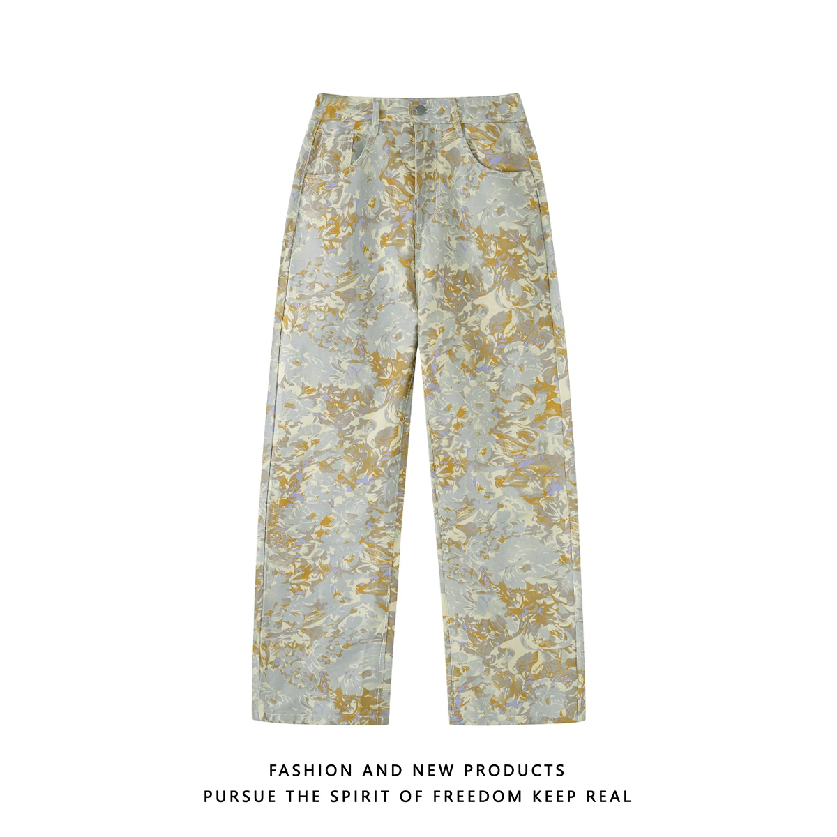 

Floral Printed Men Straight Leg Jeans Pants Autumn Trendy Streetwear Wash Pants Male All Match High Street Hip Hop Trousers