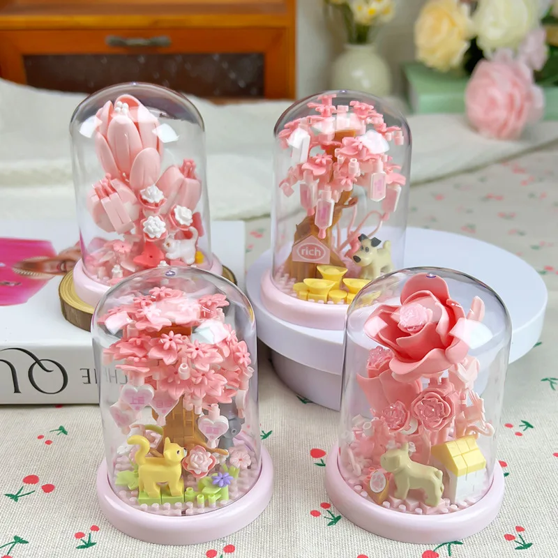 Idea Loz Mini Diamond Building Block Flower Tree Pink World Construction Bricks Rose Lilly Cherry Pets Toys For Girls Gifts