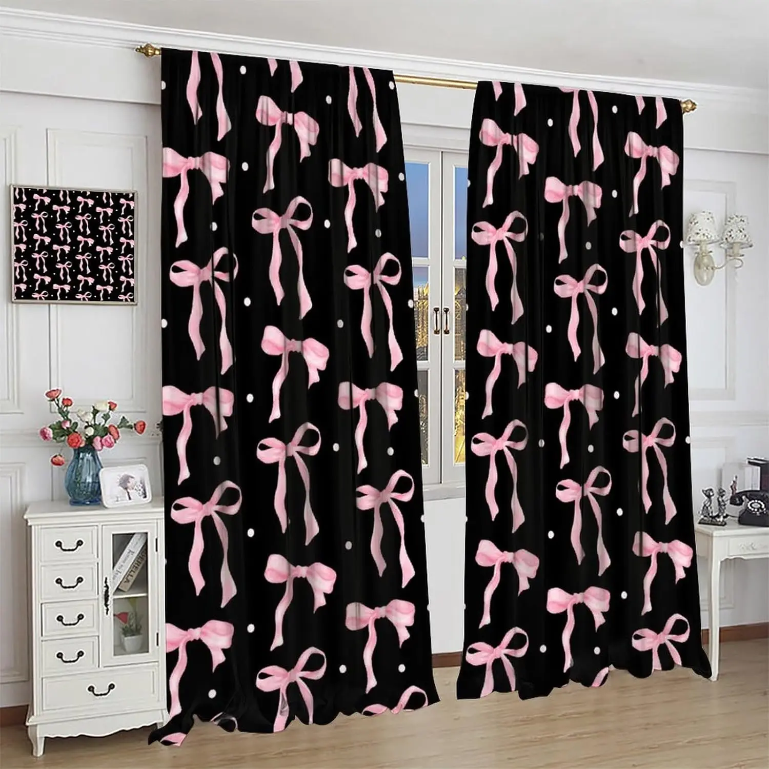 Bow Curtains Pink Black Coquette Bow Cute Modern Art Print Girls Teens Bedroom Living Room Rod Pocket Decoration Window Drapes