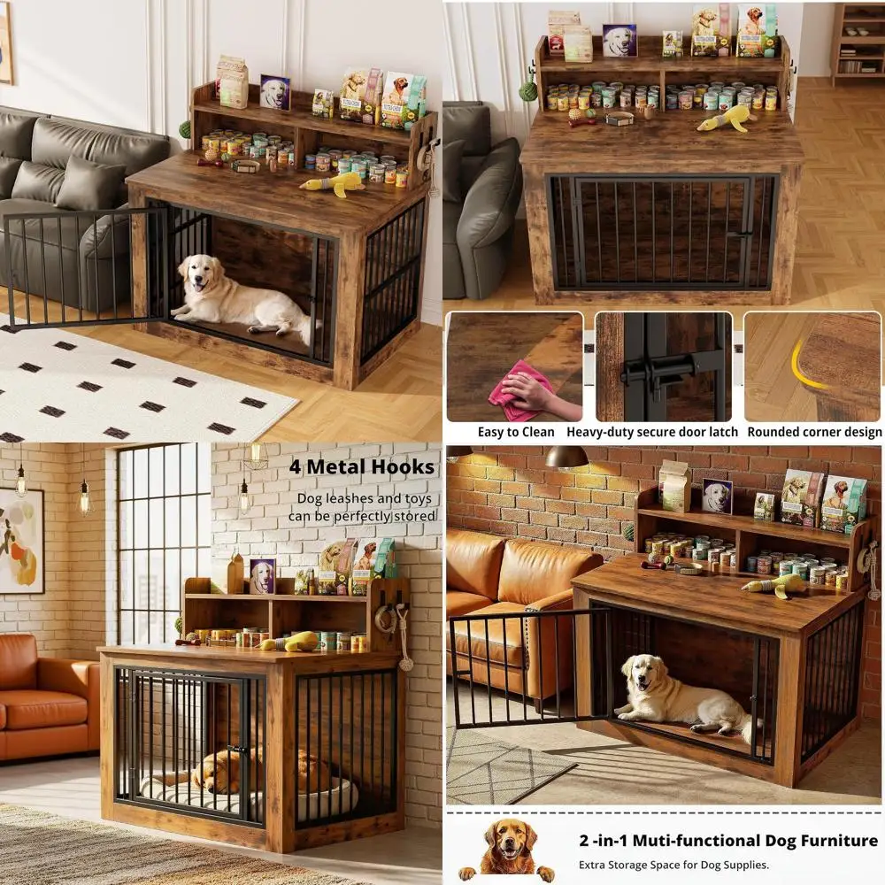 

Extra Large Dog Crate Furniture, 43.3 inches Wooden Dog Crate with Storage and 4 Hooks, Heavy Duty Pet Crate for Large Dog, Deco