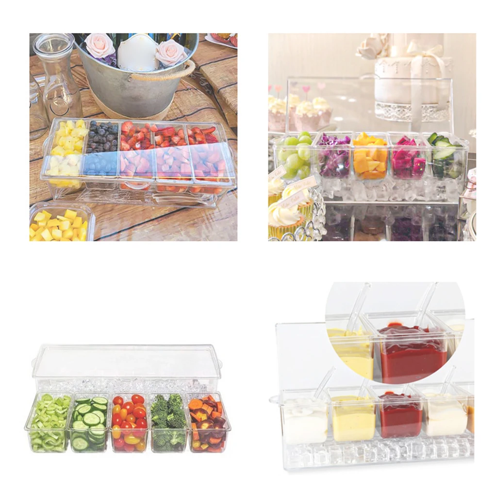 Chilled Condiment Server Reusable Clear Garnish Tray with 5 Removable Compartment Food Grade Safety Chilled Serving Container