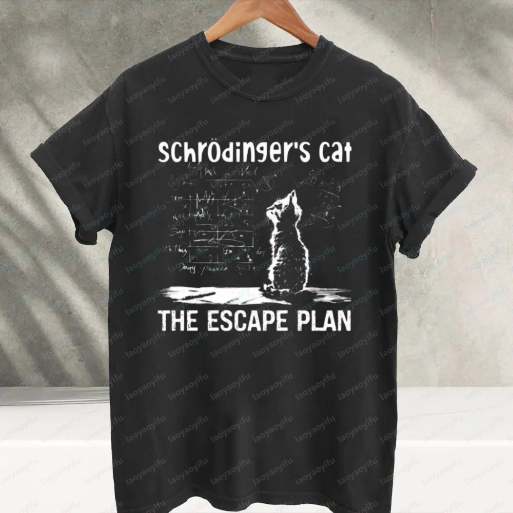 Schrodinger's Cat The Escape Plan Graphic T‑Shirt Funny Physics Science Cat with Math Formulas Print Cotton Casual Streetwear