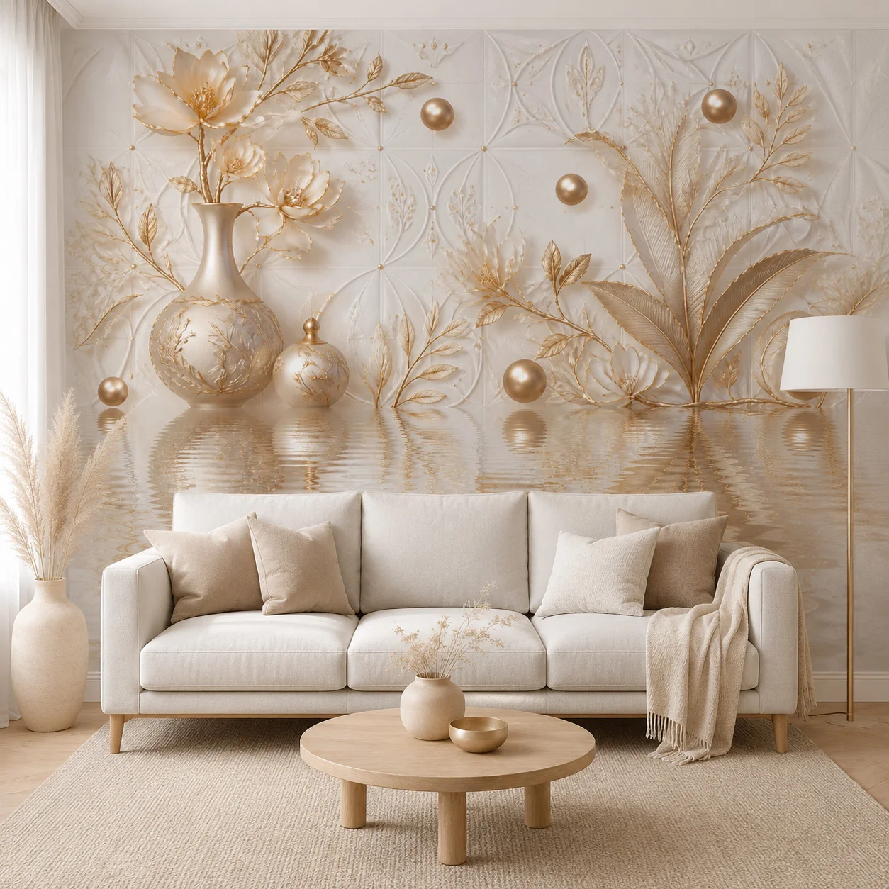 Luxury 3D Gold Floral Vase Wallpaper Mural Cream Botanical Leaves Nordic Living Room Wall Decor Non Self Adhesive Requires Glue