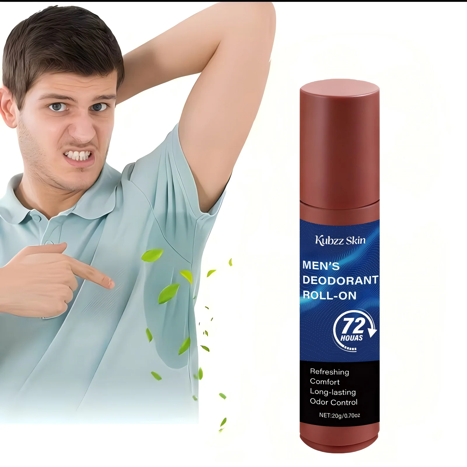 Kubzz Skin Men's Deodorant Roll-On 20g – 72H Odor Control, Refreshing, For Underarm, Neck & Full Body, Unisex, Daily Use