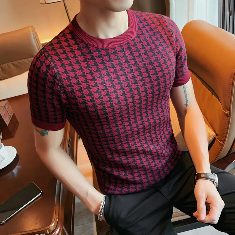 Luxury Men Autumn Slim Knitted Tshirt 2024 New Houndstooth O-neck Short Sleeve Top Tees Streetwear Social Club Casual Tee Shirt