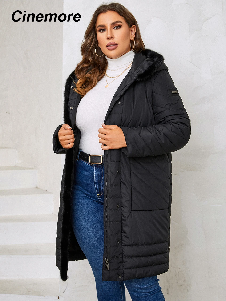 Cinemore-chaqueta con cuello de piel para mujer, Abrigo con capucha y borde de piel, Parkas cálidas acolchadas a prueba de viento de talla grande,