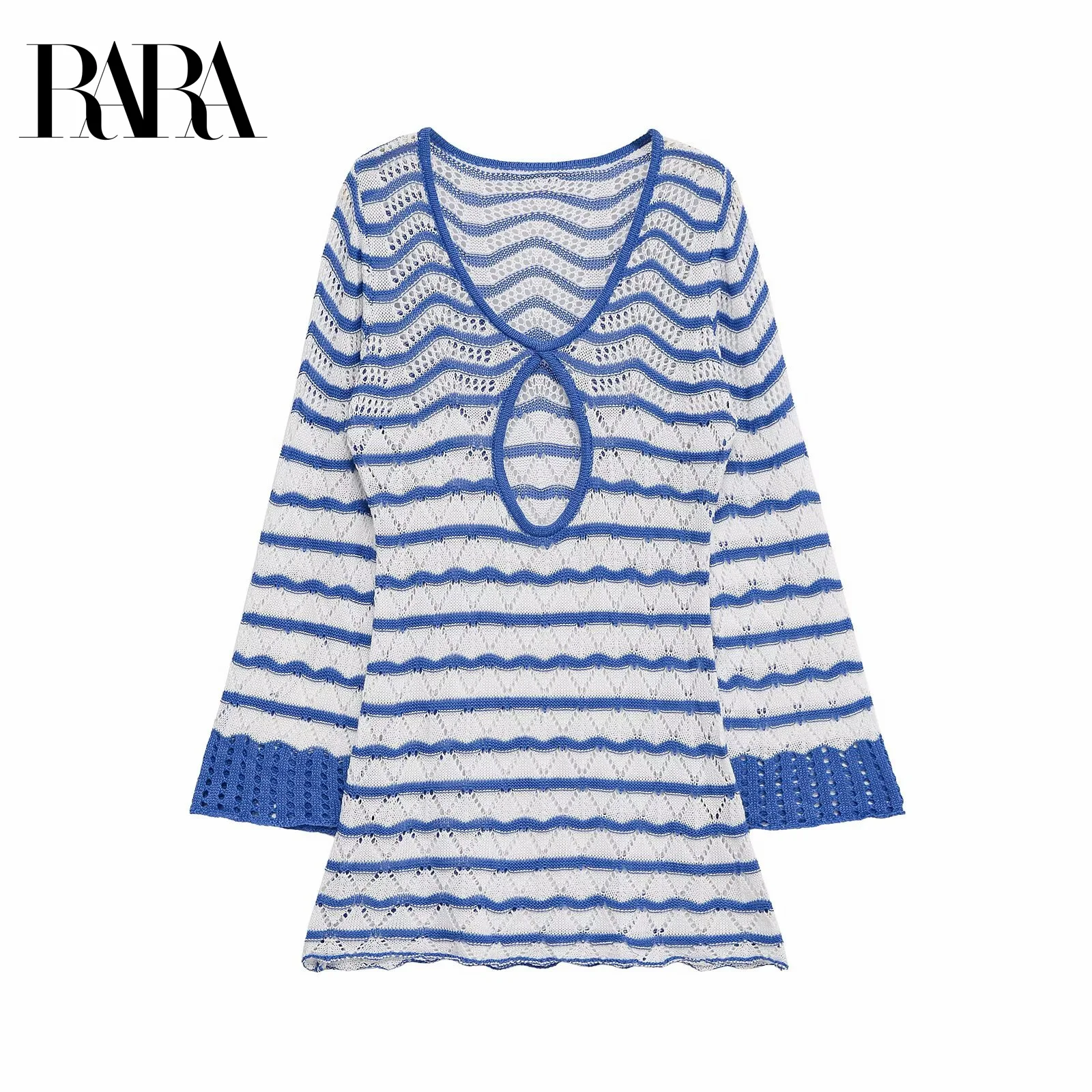 

RARA2025 New Summer Women's Casual Fashion Versatile Simple Temperament Striped Hollow Long-sleeved Mini Dress