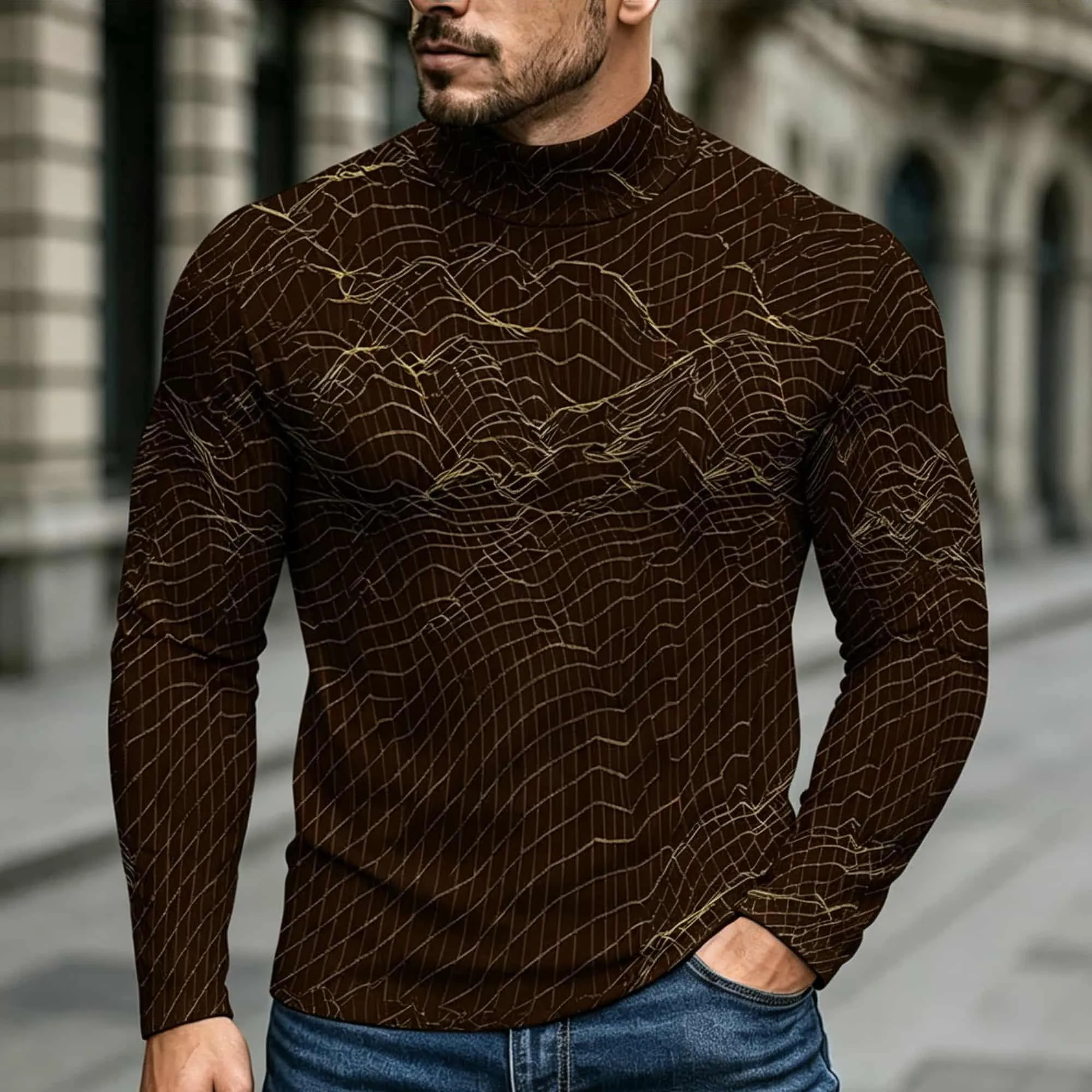 Men's Mock Neck Long Sleeve T Shirt Brown All Over Mountain Line Print Pullover Minimalist Casual Premium Top