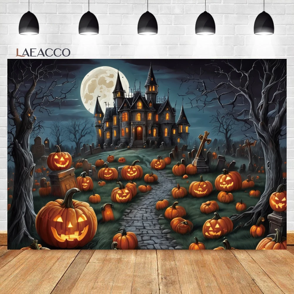 Laeacco-Halloween Fotografia Backdrop, Lua cheia assustador Night Castle, Abóboras Moonlight Bat, Horror Retrato de Fundo para Crianças e Adultos