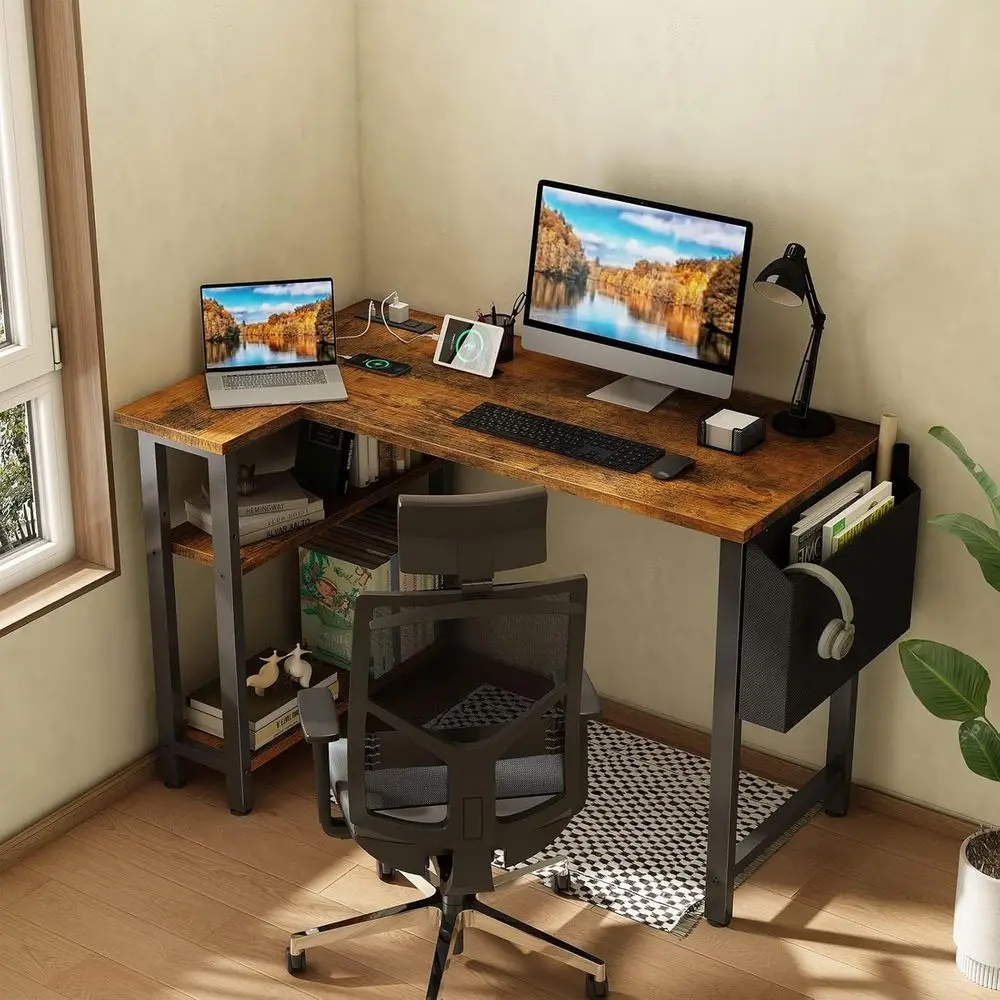 Rustic Brown 40 Inch L-Shaped Desk with Power Outlet Shelves for Small Home Office