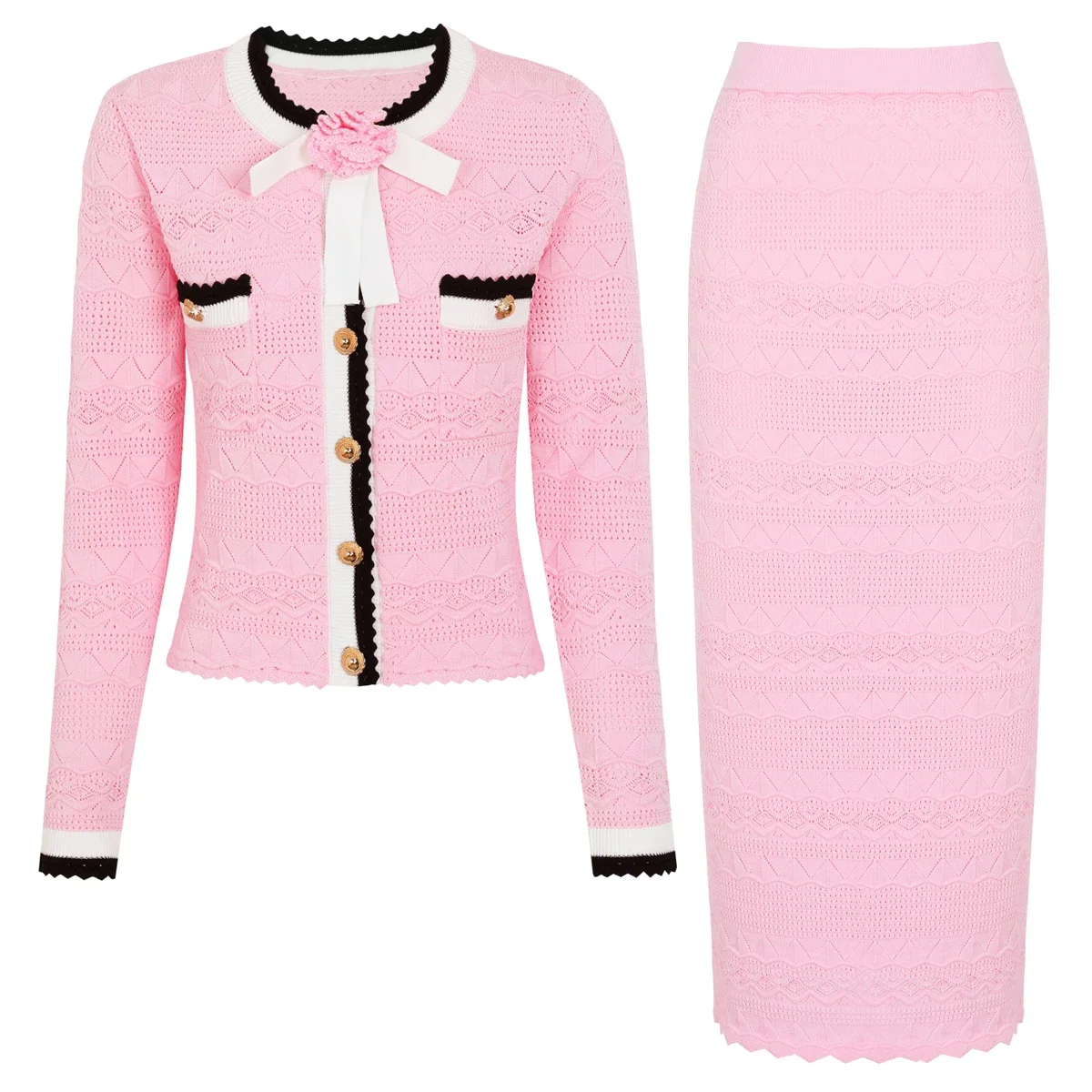 Fashion Women Bow Knitted Cardigan Skirt Set Color Block Long Sleeve Top Autumn Summer New High Quality Suit