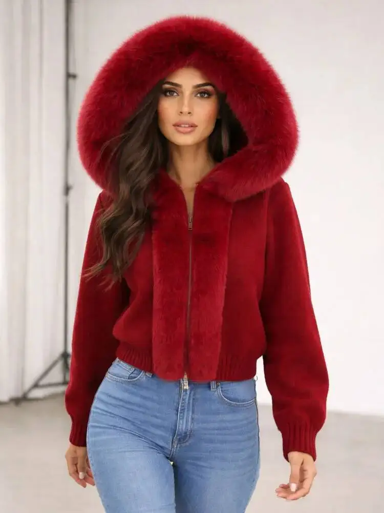ONEXWEN Women's Brown Knit Cardigan With Oversized Fluffy Fur Hood Front Trim Zip-Up Short Winter Jacket Warm Outerwear ZM5372
