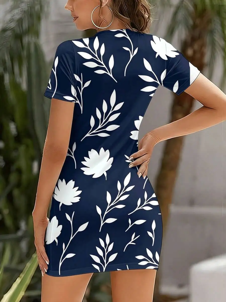 

Casual Summer Short Sleeve Fitted Dress Floral Print Round Neck Women Beach Party Outfit