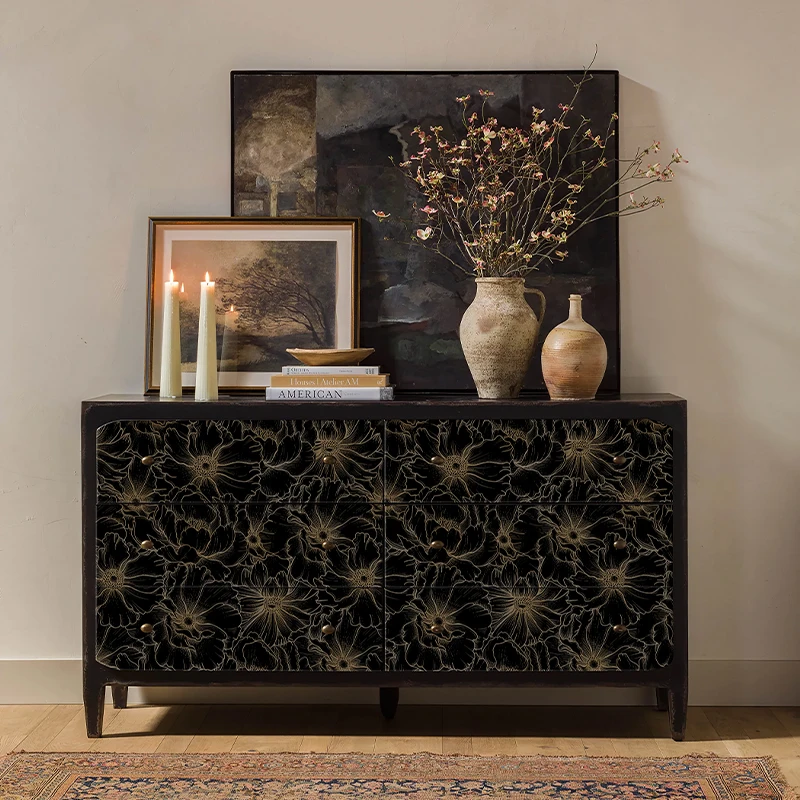 Self-Adhesive Waterproof Wallpaper Black Background Gold Line Flower Peel and Stick PVC Cabinet Sticker For Home Office Decor