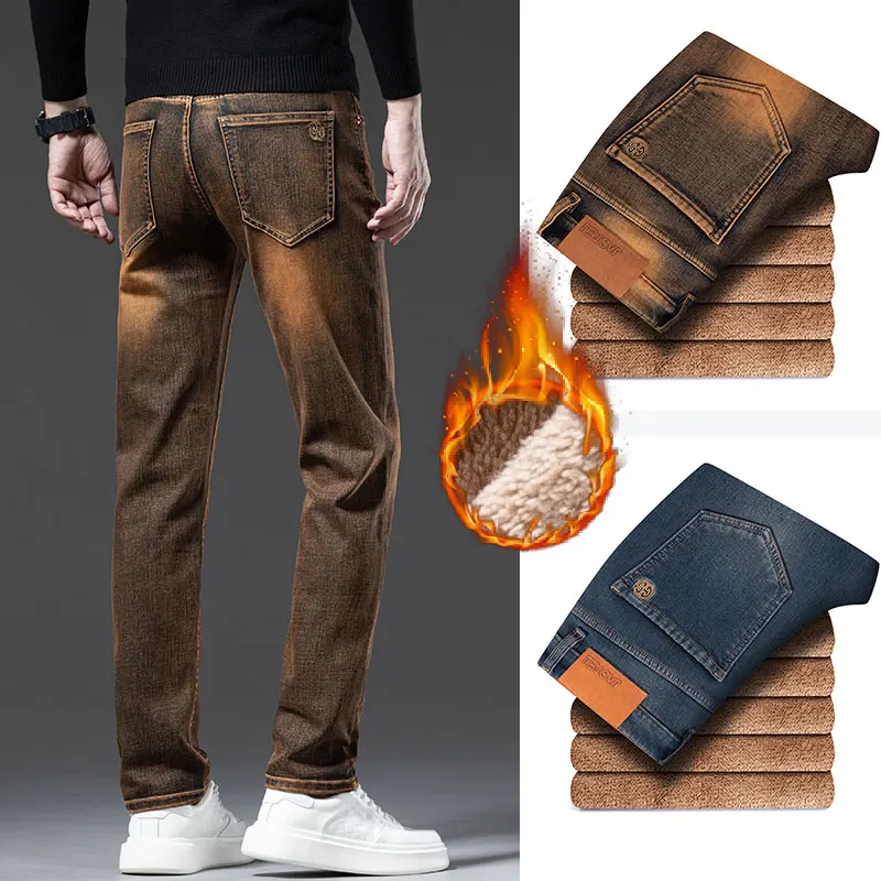 Winter Fleece Jeans Men's Clothes Thickened Fashion Plush Trousers Brand Business Straight Fitted Warm Stretch Denim Pants