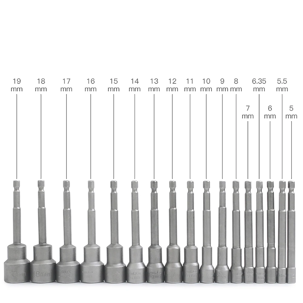 전동 공구용 육각 섕크 임팩트 소켓 어댑터, 전기 드릴 렌치 슬리브, 100mm 길이, 5mm ~ 19mm, 6.35mm