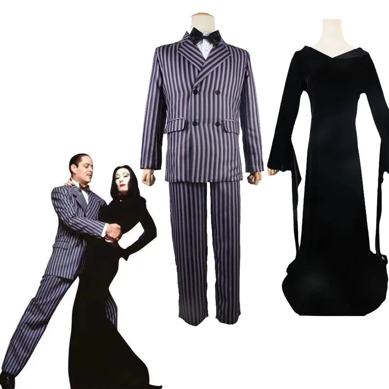 

Gomez Addams Cosplay Anime Morticia Costume Dress Halloween Carnival Outfit Adult Kid Coat Shirt Pant Tie Suit Party Uniform