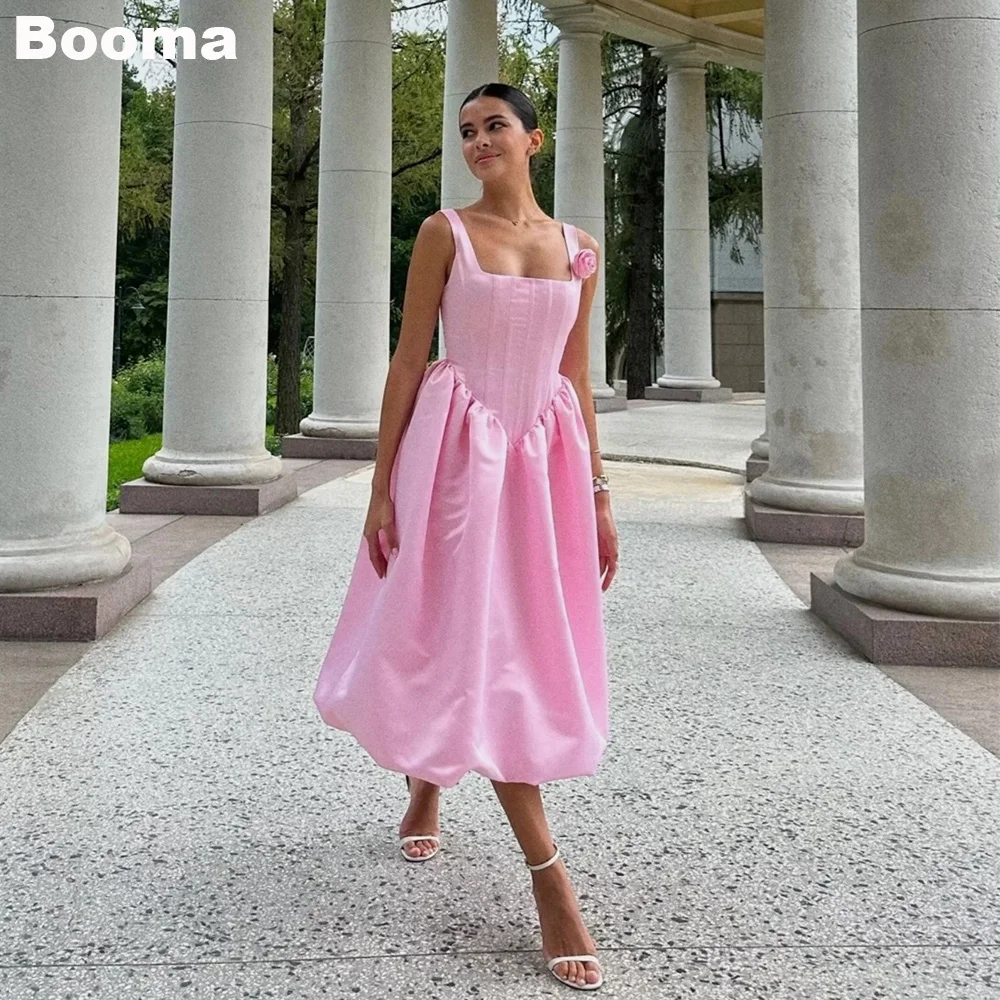 Booma Pink Midi Prom Dresses Square Collar 3D Flowers Sleeveless Homecoming Party Gowns for Women Tea-length Evening Dress